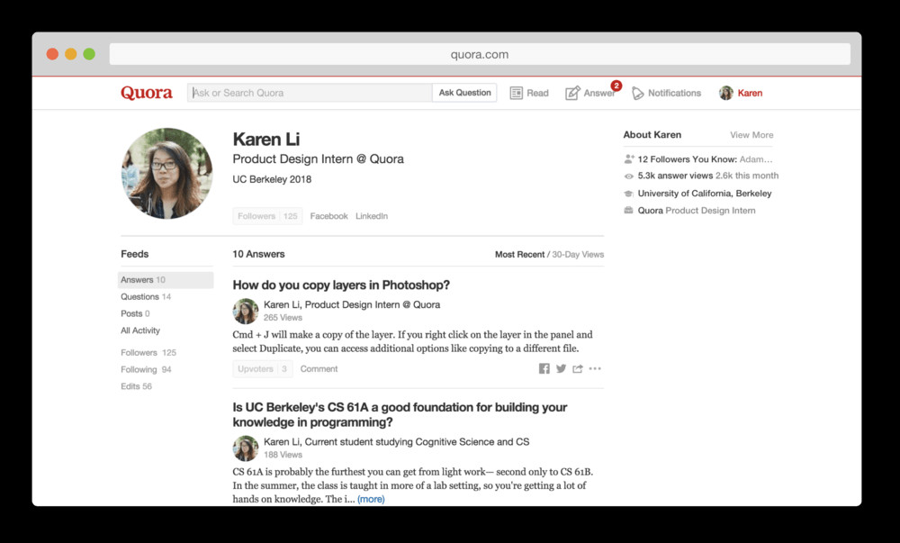 Giao diện người dùng trên Quora